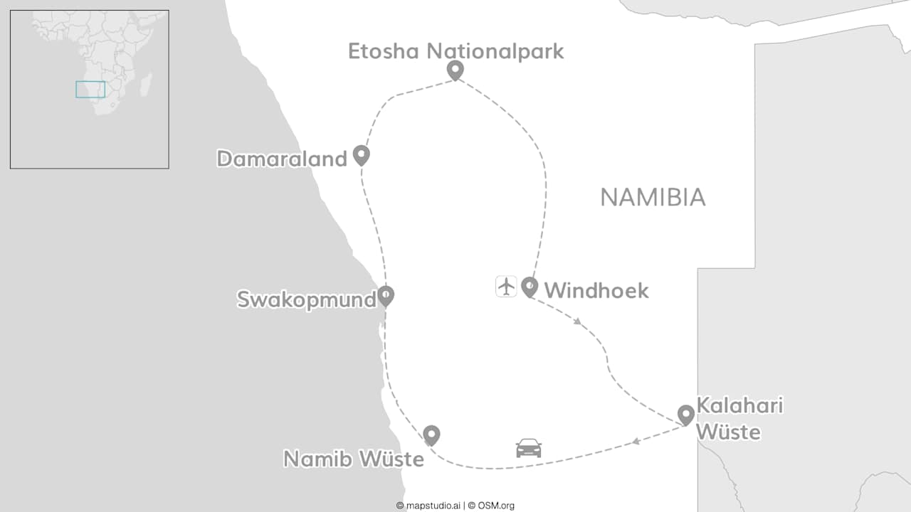 Namibia Roadtrip: Kalahari, Namib, Damaraland & Etosha